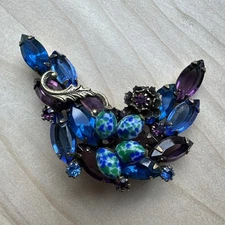Alice Caviness Brooch 2.25" Blue Purple Navette Speckled Glass Egg Beads Gold