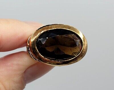 Vtg Sz 8 Ring Lg Oval Green Amber CZ Scrolls 18KGE Medieval Vtg Sz 8 Ring Lg Oval Green Amber CZ Scrolls 18KGE Medieval