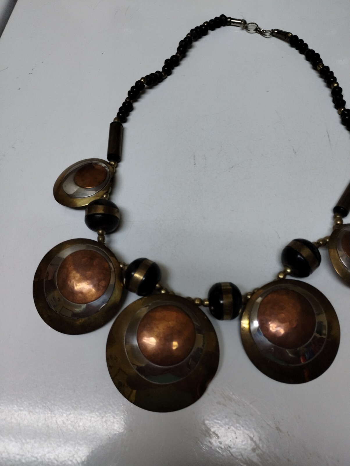 Brass & Copper Circle Statement Necklace Woven Bo… - image 4