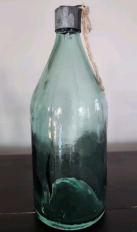 Glass Bottles Vintage Green With Metal Caps lot Of 5  8.5" Tall. MINT!!