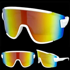 OVERSIZED EXAGGERATED Modern Retro Shield SUNGLASSES Large White Frame Gold Lens