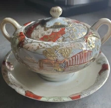 Handpainted Moriage Gold, Cream, and Vermillion Sugar Bowl with Base Plate