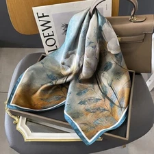 100% Silk Mulberry 26" Square Scarf Women Neckerchief Wrap Oil Painting Lotus