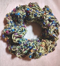 Crochet Handmade Hair Scrunchie Pony Tail Holder Green Multicolor USA made