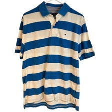 Y2K Tommy Hilfiger Rugby Striped Polo Shirt Short Sleeve Blue White Size M