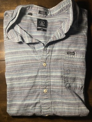 Mens Volcom Short Sleeve Button Up Shirt Size Medium Blue Gray Slim Fit Cotton
