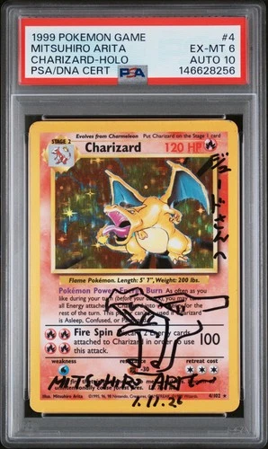 1999 POKEMON BASE SET UNLIMITED ARITA SIGNED #4 CHARIZARD-HOLO PSA 6 DNA AUTO 10