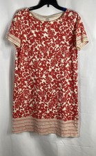 Tory Burch Women's Red Cream Floral Pima Cotton Shift Dress Striped Trim Sz L