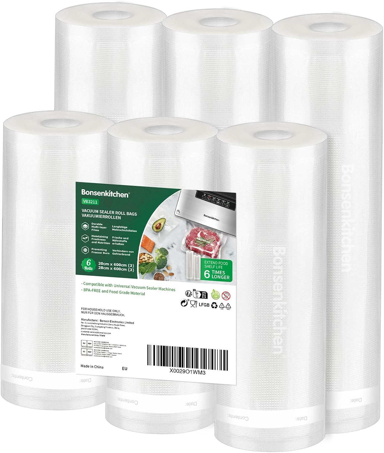 Sacchetti Sottovuoto per Alimenti, 3 Rotoli 28X600Cm+ 3 Rotoli 20X600Cm, per Con