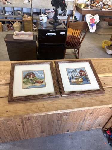 2 Vintage Framed Needlepoint Ocean Scenes Nautical Decor Lake House Beautiful
