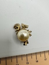 Vintage Gold Tone Squirrel Brooch with Large Faux Pearl Figural Animal Pin
