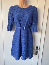 Oasis Blue Floral Lace Fit Flare Belted Midi Dress Occasion S MUK 10 Women B41
