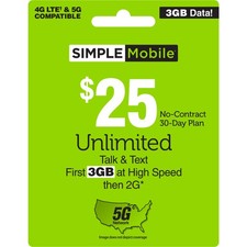 SIMPLE Mobile 25 3 GB Data, Unlimited Talk  Text Physical Delivery 