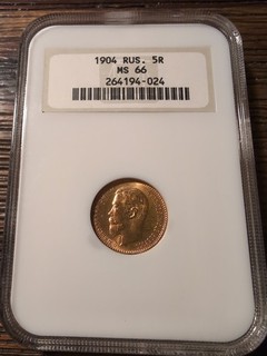 RUSSIA 1904 5 RUBLI ORO NGC MS66 $1 SENZA RISERVA!