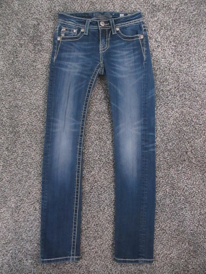 Miss Me 牛仔裤女孩 12 紧身 Fleur De Lis 装饰口袋牛仔布 24x29 — 第 2/4 张图片