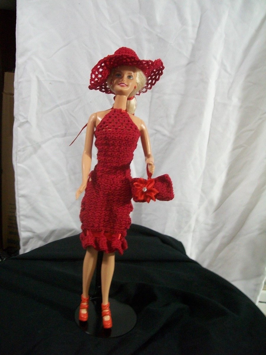 Barbie Dress Set Crochet Dress , Hat and Handbag & Shoes