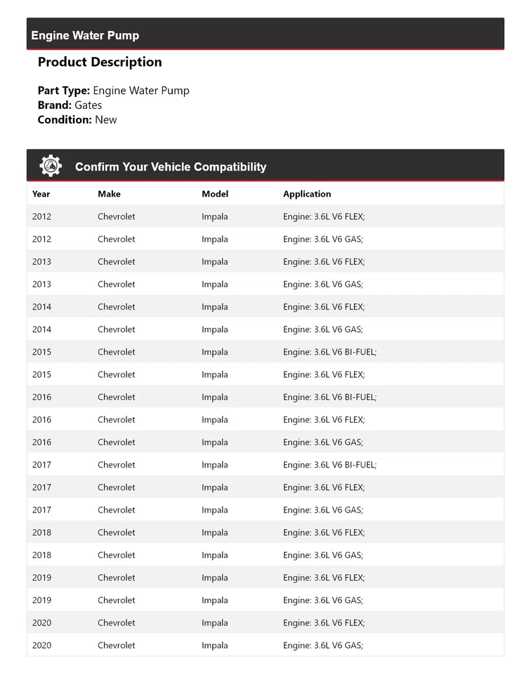 For 2012-2020 Chevrolet Impala Engine Water Pump Gates 2013 2014 2015 2016 2017 - Image 2 of 4