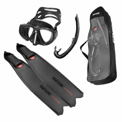 SEAC Motus Tris Black Freediving Set w/ Long Fins, Diving Mask, Jet Snorkel, Bag