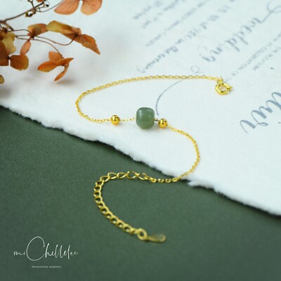 Schlichtes grünes Jade Armband, Sterlingsilber Armband mit natürlicher Jadekugel