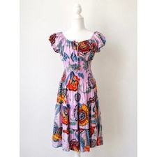 Sol Cotton Pink Floral Paisley Sun Dress L Smocked Waist Coquette Boho Resort