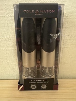 Cole & Mason Richmond Elektronische Salz & Pfeffermühle Set Schwarz Gold Neu Verpackt