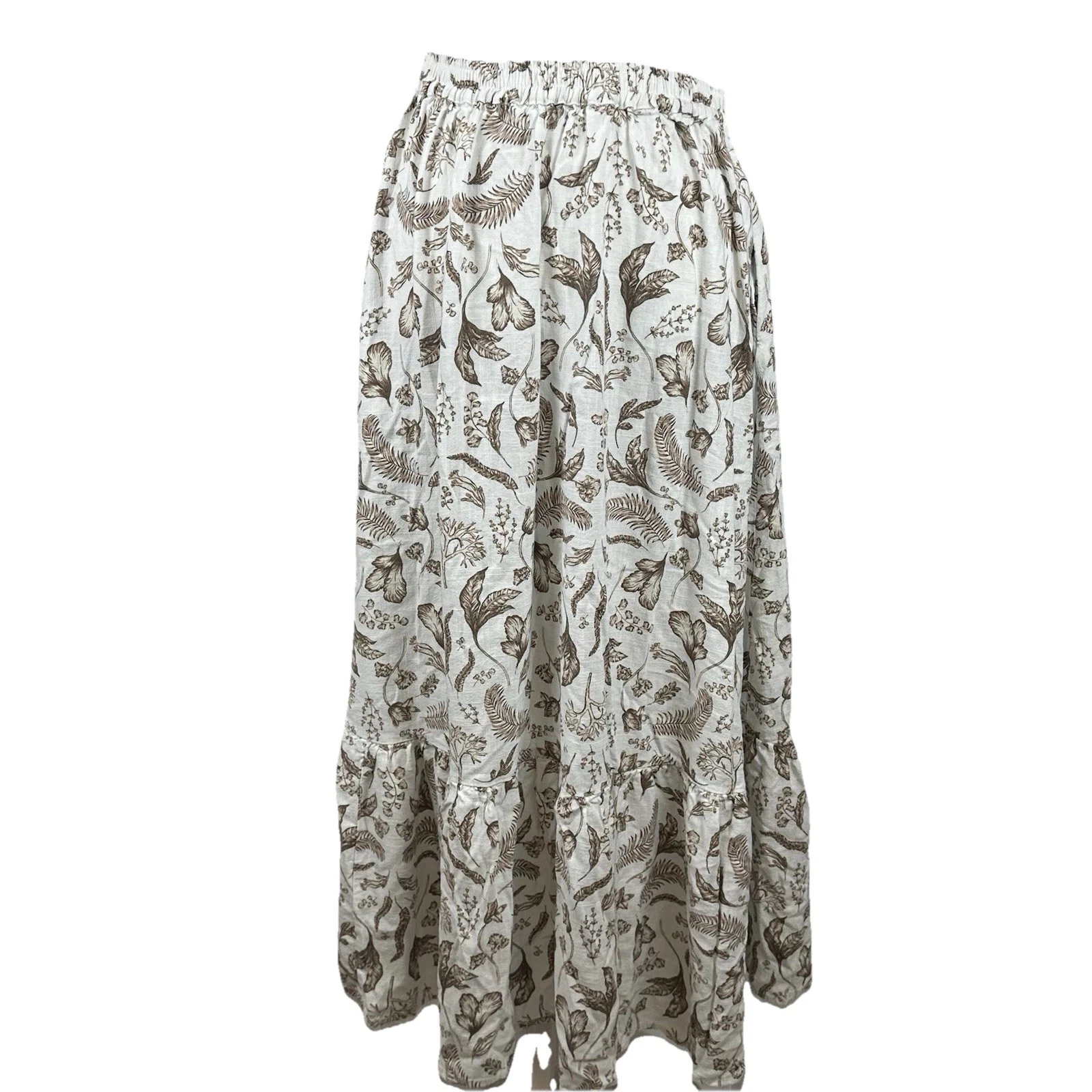 Elan Linen Blend Maxi Skirt Brown Botanical Print Cottagecore Elastic Waist M