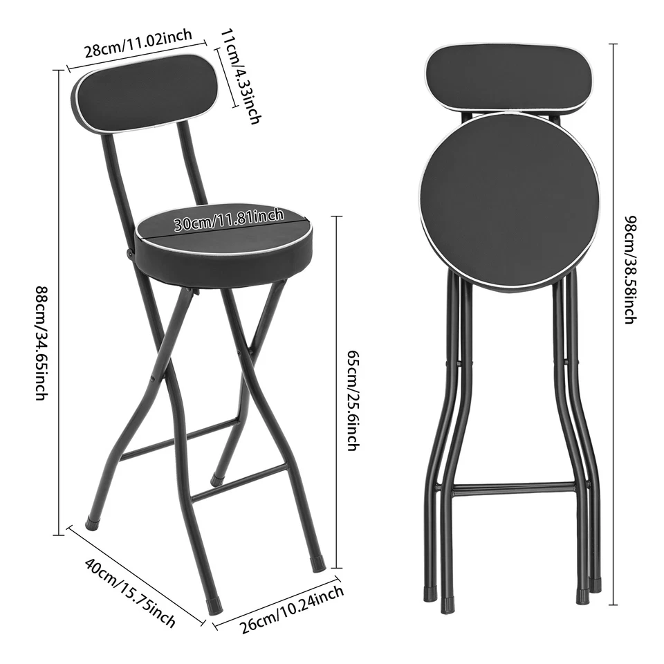 2pcs Black Counter Stool Bar Stool Portable Folding Kitchen Dining Chair - Image 3 of 4