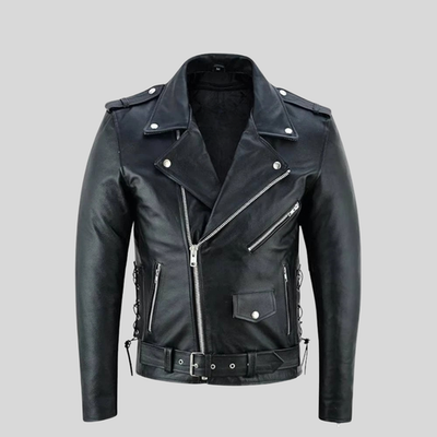 Men's Black Leather Motorcycle Biker Jacket Asymmetric Zip Lace Up