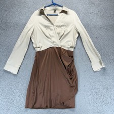 SheIn Beige Brown Size L V-Neck Ruched Long Sleeve Romantic Chic Dress