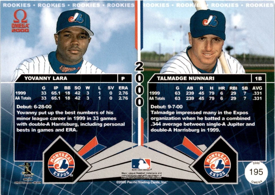 2000 Pacific Omega #195 Yovanny Lara / Talmadge Nunnari #/999 Montreal Expos - Image 2 of 2