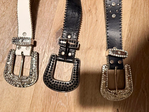 Women's Lot of 3 Western Rhinestone Studded Buckle Belts Black White Silver L