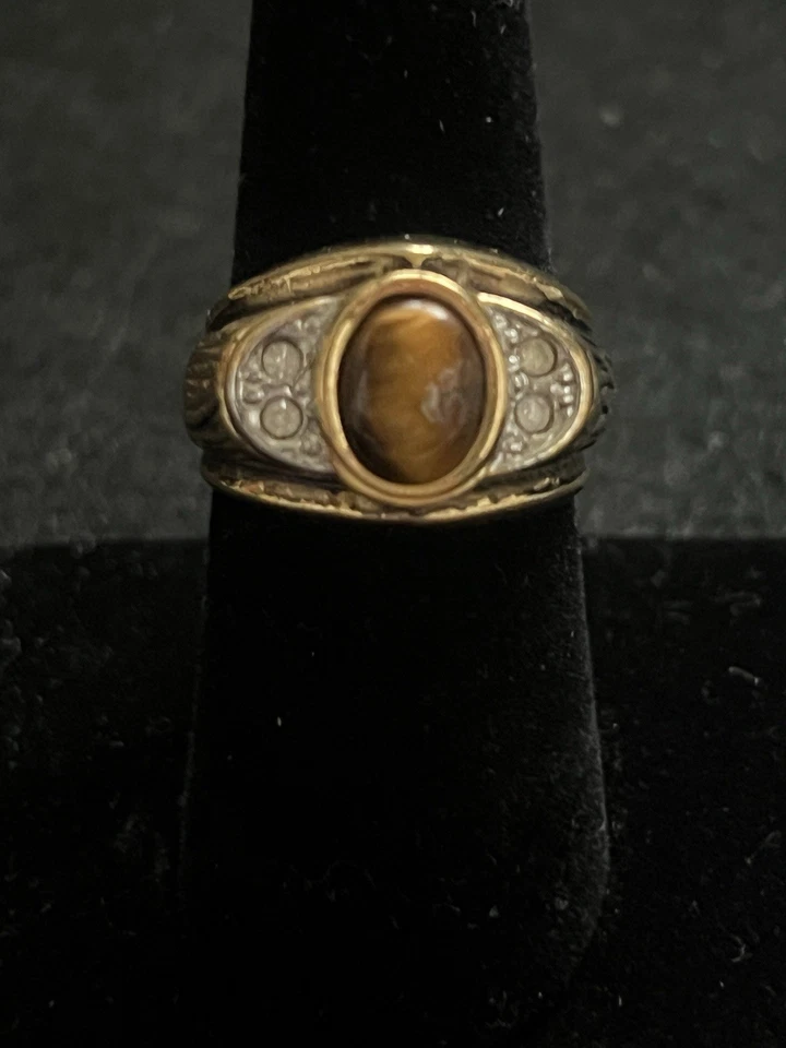 Vtg Unique 14k Gold GP Tigers Eye Mens Signet Ring Size 7.75 / Heavy 12g! Signed - Image 3 of 4