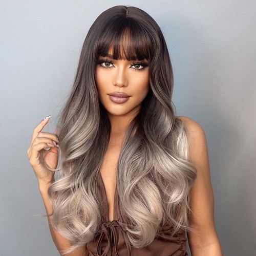 Long Curling Hair Wigs with Bangs Wavy Hair with Hair Net Heat L9W6 - Picture 10 of 12