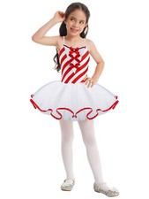 US Girls Christmas Striped Bow Ballet Leotard Tutu Dress Ballerina Dance Costume