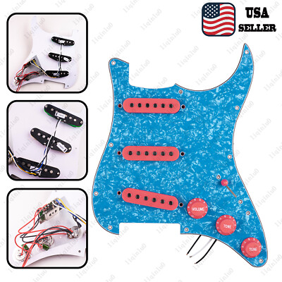 Prewired-Loaded SSS Pickguard Alnico V Pickups For Strat Pale Blue Pearl&Pink