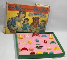 Vtg Antique George BORGFELDT Miniature Wood toy Tea Set Dollhouse unused w/Box