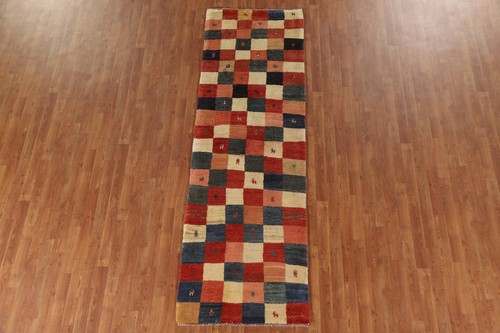 Excellent Vintage Gabbeh Tribal Checked Runner Rug 3'x9' Wool Handmade Carpet - Picture 2 of 12