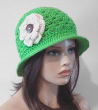 crochet handmade womans flower bucket hat brim cloche spring green aran