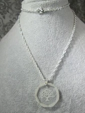 Laser Etched Tree of Life Clear Acrylic Pendent Necklace w/ 24" Silver Plated /S