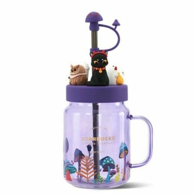 New Starbucks Halloween Night Elf Purple Black Cat Owl Mushroom Glass Mason Cup