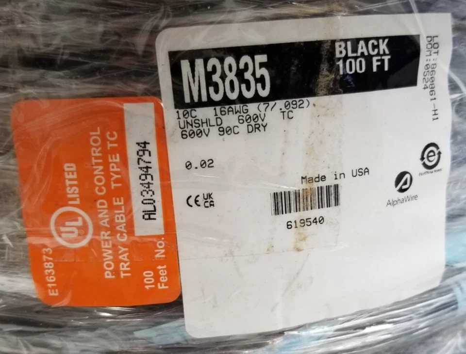 100ft Alpha M3835 BK005 CABLE 10Conductor 16AWG BLACK 600V Multi-Conductor NEW - Image 2 of 4