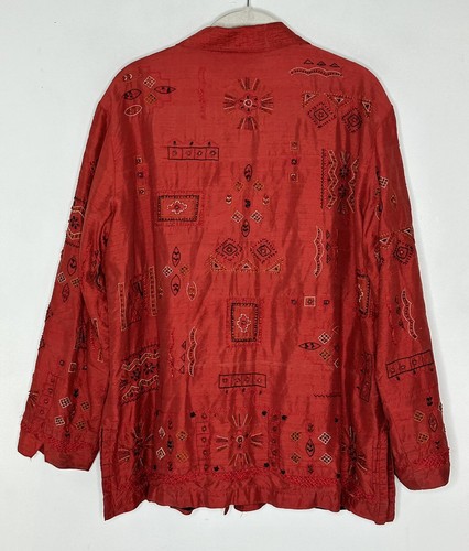 CHICO'S DESIGN RED 100% Silk India Embroidered Beaded Button Jacket Sz 2 Large - Picture 6 of 7