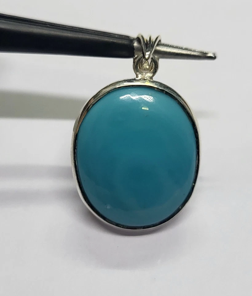 3.3cm Ovale Naturale Blu Turchese Gemma Ciondolo 925 Argento Sterling Unisex - Immagine 3 di 4