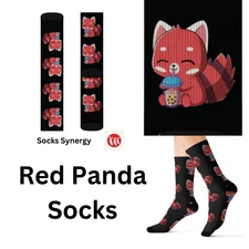 Red Panda drinking boba Socks personalized gift animal socks fun cool trendy