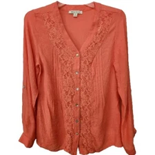 Studio Works Women's M Top Orange LACE Pintucks Button Blouse  V-Neck LS Rayon 