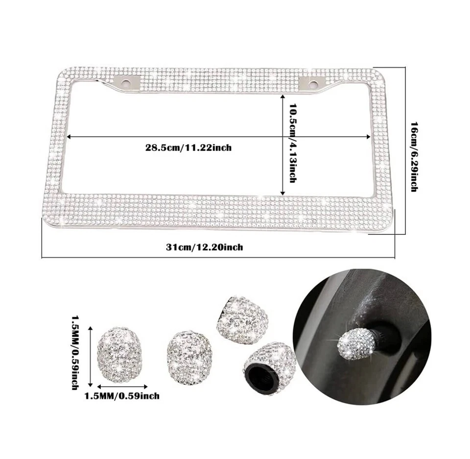 1 White Diamond CRYSTAL License Plate Frame + Bling Tire Cap Made with Swarovski - Image 2 of 4
