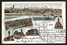 Lithographie Höchst a. M., Farbwerke, Realprogymnasium, Kathol. Kirche, Schloss 