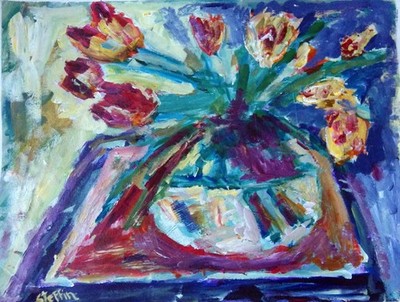 Painting, Still life on paper, Red, green, blue, 29x38 cm, New