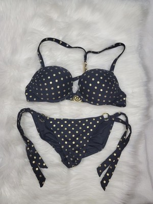 Victoria's Secret Bombshell Black Gold Polka Dot Bikini Set 34B S