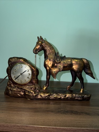 Vintage Copper/Bronze  Mantle Clock TV Light Western Horse Clock Works Excellent